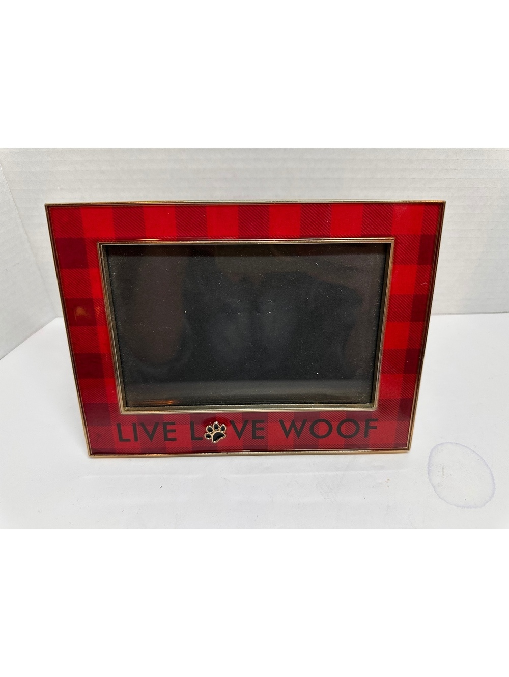 Vintage Red and Black Buffalo Plaid Decorative Picture Frame "LIVE LOVE WOOF"